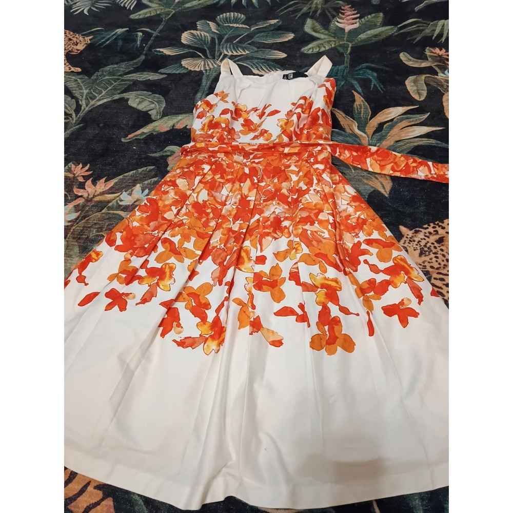 Leslie Fay Size 6 Orange Poppy Floral Rockabilly Pleated Sleeveless Sun Dress